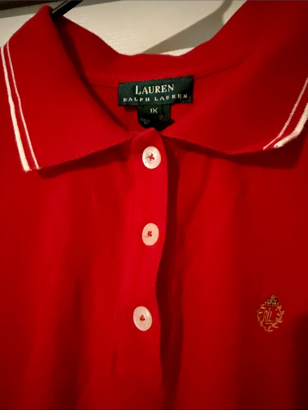 Lauren Ralph Lauren Red Polo with White Trim and Embroidered Crest - Picture 3 of 8